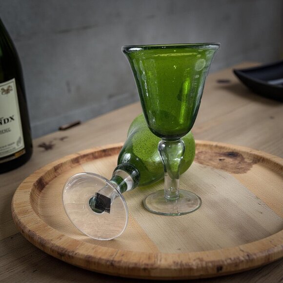 Vintage Blown Glass Goblet Set – Green Glassware Clear Stems (Pair) - Picture 9 of 10